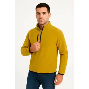 Erkek Polar Kazak – Dik Yaka, Yarım Fermuarlı, Fermuarlı Göğüs Cepli, Siyah Biyeli, Kışlık Rahat Regular Fit Günlük Model - Sarı