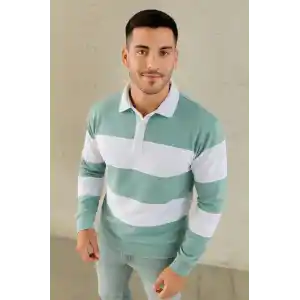 Erkek Polo Yaka Uzun Kollu Çizgili Sweatshirt Trend Rugby Stil - Çağla Yeşili