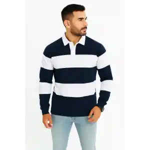 Erkek Polo Yaka Uzun Kollu Çizgili Sweatshirt Trend Rugby Stil - Lacivert