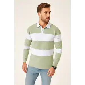 Erkek Polo Yaka Uzun Kollu Çizgili Sweatshirt Trend Rugby Stil - Mint Yeşili