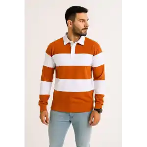 Erkek Polo Yaka Uzun Kollu Çizgili Sweatshirt Trend Rugby Stil - Turuncu