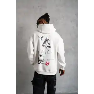 Erkek Şapkalı Güvercin Baskılı Kapşonlu Sweat - Beyaz