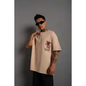 Erkek Sırt Baskılı A Kalite Oversize T-shirt - Bej