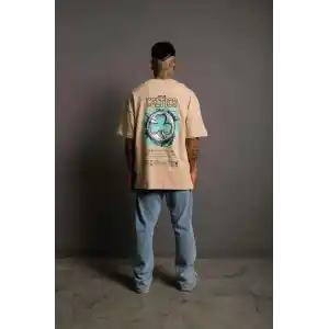 Erkek Sırt Baskılı T-shirt - Bej