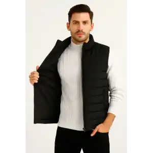 Erkek Şişme Fermuarlı Yelek Su itici Kapitone Astarlı Kumaş Cepli Hafif Kışlık Spor Rahat Kalıp - Siyah