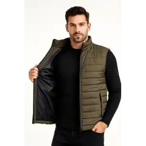 Erkek Şişme Fermuarlı Yelek Su itici Kapitone Astarlı Kumaş Cepli Hafif Kışlık Spor Rahat Kalıp - Haki