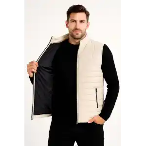 Erkek Şişme Fermuarlı Yelek Su itici Kapitone Astarlı Kumaş Cepli Hafif Kışlık Spor Rahat Kalıp -Bej