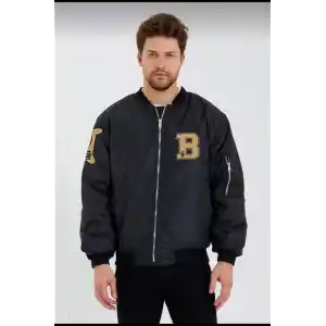 Erkek Siyah Bomber Kolej Mont – B Harfi ve Kemik Baskılı, Su İtici Kumaş, Kapitone Astarlı Fermuarlı Ceket - Siyah