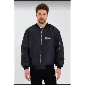 Erkek Siyah Bomber Mont – POLIZEI Yazılı, Fermuarlı Cepli, Kapitone Astarlı, Su İtici Kumaş Şık Günlük Ceket- Siyah