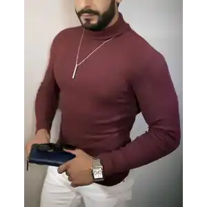 Erkek Tam Boğazlı Fitilli Kaşkorse Triko – Likralı, Extra Dar Kesim Slimfit, Yumuşak Kaşmir Dokulu Model - Bordo