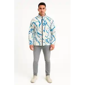 Erkek Tam Fermuarlı Desenli Polar Sweat Lightning Desen Yakalı, Uzun Kollu, Oversize Rahat Kalıp - Beyaz