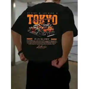 Erkek Turuncu Spor Araba Grafik Tişört - TOKYO Baskılı Günlük Oversize Kısa Kollu Tişört, Yetişkinler için Yazlık Giyim, Turuncu Araba Tasarımı- Siyah