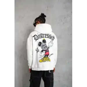 Erkek Üç İplik Baskılı Kapüşonlu Sweat - Beyaz