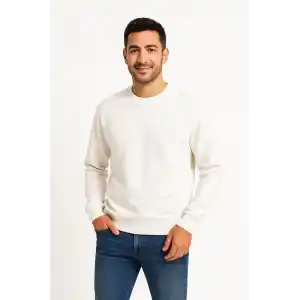 Erkek Üç İplik Düz Bisiklet Yaka SweatShirt - Beyaz