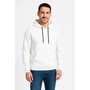 Erkek Üç İplik Kapüşonlu Kanguru Cepli SweatShirt hoodie - Beyaz