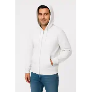 Erkek Üç İplik Kapüşonlu Tam Fermuarlı Kanguru Cepli SweatShirt Hoodie - Beyaz