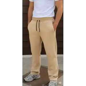 Erkek Üç iplik Kışlık Pamuklu Ovarsize Bağcıklı Düz Paça Cepli Eşofman Altı Spor Rahat Model - Bej