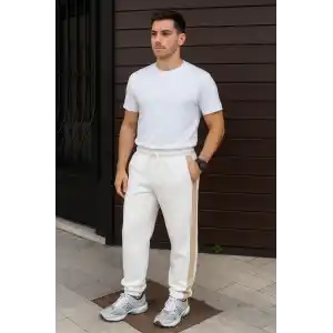 Erkek Üç İplik Kışlık Pamuklu Yandan Garneli Kalın Bej Şeritli Cepli Eşofman Altı - Beyaz
