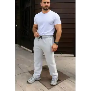 Erkek Üç İplik Kışlık Pamuklu Yandan Garneli Kalın Bej Şeritli Cepli Eşofman Altı - Gri