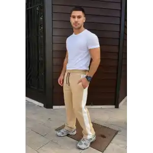 Erkek Üç İplik Kışlık Pamuklu Yandan Garneli Kalın Şeritli Cepli Eşofman Altı - Bej