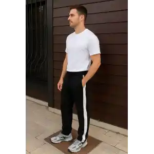 Erkek Üç İplik Kışlık Pamuklu Yandan Garneli Kalın Şeritli Cepli Eşofman Altı - Siyah