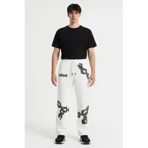 Erkek Üç İplik Pamuklu Baskılı Cepli Jogger Buggy Pantalon Oversize Kalıp - Beyaz