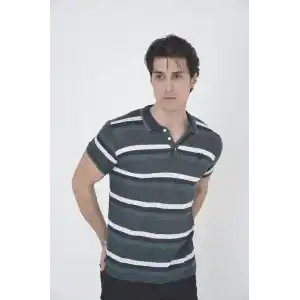 Erkek Yakalı Slim Fit Dokuma Çizgili T-Shirt - Haki