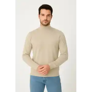 Erkek Yarım Boğaz Triko Kazak yumuşak dokulu Pamuklu ince Dokuma, uzun kollu Rahat Regular kalıp - Bej