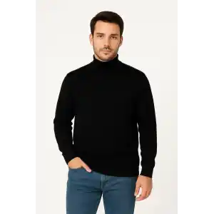 Erkek Yarım Boğaz Triko Kazak yumuşak dokulu Pamuklu ince Dokuma, uzun kollu Rahat Regular kalıp - Siyah