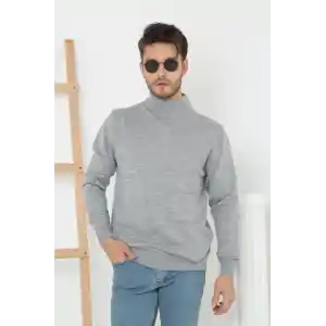 Erkek Yarım Boğaz Triko Kazak yumuşak dokulu Pamuklu ince Dokuma, uzun kollu Rahat Regular kalıp - Gri