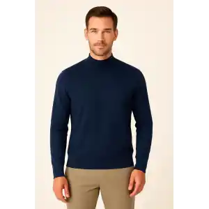 Erkek Yarım Boğaz Triko Kazak yumuşak dokulu Pamuklu ince Dokuma, uzun kollu Rahat Regular kalıp - Lacivert