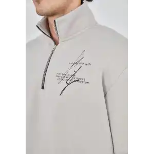 Erkek Yarım Fermuarlı Baskılı Sweat - Boyalı Gri