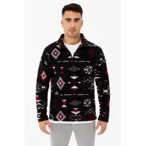 Erkek Yarım Fermuarlı Desenli Polar Sweat Tribal Etnik Desen Yakalı, Uzun Kollu, Oversize Rahat Kalıp, - Siyah