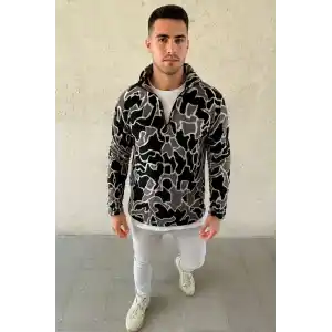 Erkek Yarım Fermuarlı Desenli Polar Sweat Yakalı, Uzun Kollu, Oversize Rahat Kalıp - Siyah