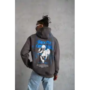 Erkek Yıldırım Baskılı Kapşonlu Sweatshirt - Gri