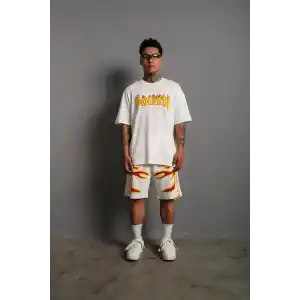 Erkek Alev Baskılı İkili Şortlu Takım - Beyaz