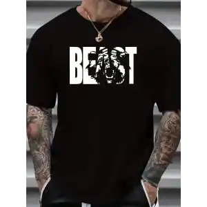 Eşsiz Baskı Tasarımlı Şık Büyük Beden Erkek Tişörtü - Rahat Polyester, Makinede Yıkanabilir, Yuvarlak Yaka - Her Mevsim İçin Mükemmel - Siyah