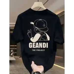 Geniş Kesim Pamuklu Tişört - GANDHI The Project Baskılı, Siyah, Rahat Kesim, Kısa Kollu, Günlük Kıyafet, Her Gün Giyilebilecek Tişört- Siyah