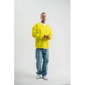 Geniş V yaka Kol Ribana Detaylı SweatShirt - Sarı