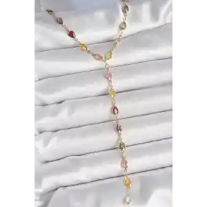 Gold Karışık Renk Zirkon Taşlı Y Pirinç Kolye