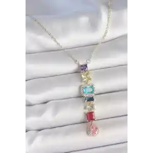 Gold Karışık Renk Zirkon Taşlı Y Pirinç Kolye
