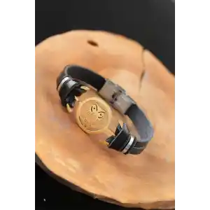 Gold Renk Baykuşlu Metal Aksesuarlı Siyah Renk Deri Erkek Bileklik