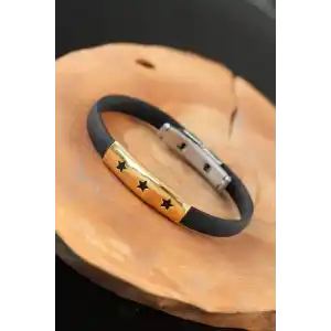 Gold Renk Çelik Yıldızlı Tasarım Siyah Renk Silikon Erkek Bileklik