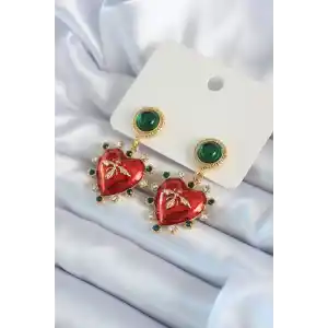 Gold Renk Kırmızı Kalp Model Zirkon Taş Detay Pirinç VİP Kadın Küpe