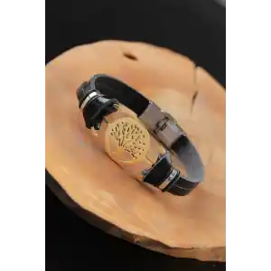 Gold Renk Metal Ağaçlı Tasarım Siyah Renk Deri Erkek Bileklik