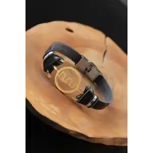 Gold Renk Metal Labirent Tasarım Siyah Renk Deri Erkek Bileklik