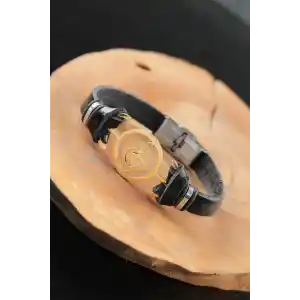 Gold Renk Metal Sol Anahtarlı Tasarım Siyah Renk Deri Erkek Bileklik