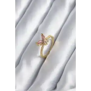 Gold Renk Pembe Zirkon Taşlı Kelebek Model Kadın Yüzük
