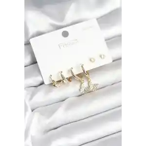 Gold Renk Pirinç Kelebek Model 925 Ayar Gümüş Çivili Kadın Küpe Seti