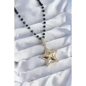 Gold Renk Siyah Boncuk Zirkon Taşlı Yıldız Model VİP Seri Kadın Kolye